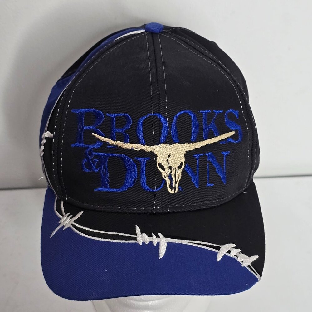 Vintage 90s Brooks & Dunn Blue Black Cattle Skull Barb Wire Snapback Hat Kudzu‎